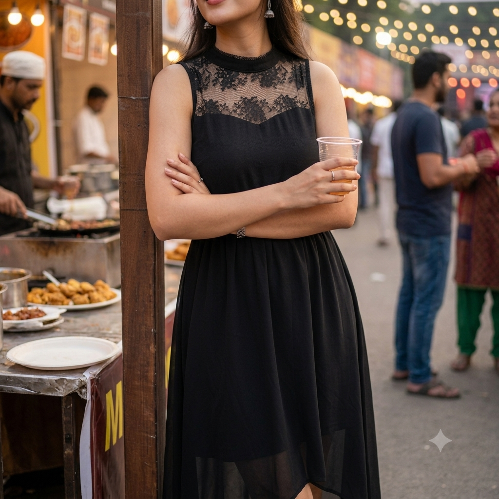 Elegant Black High-Low Lace-Detail Dress