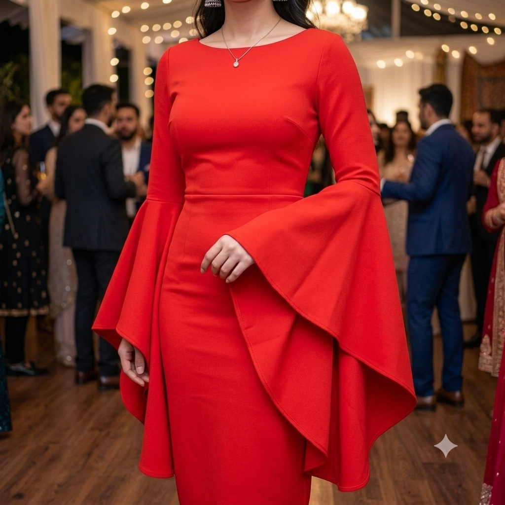 Crimson Bell-Sleeve Bodycon Midi Dress