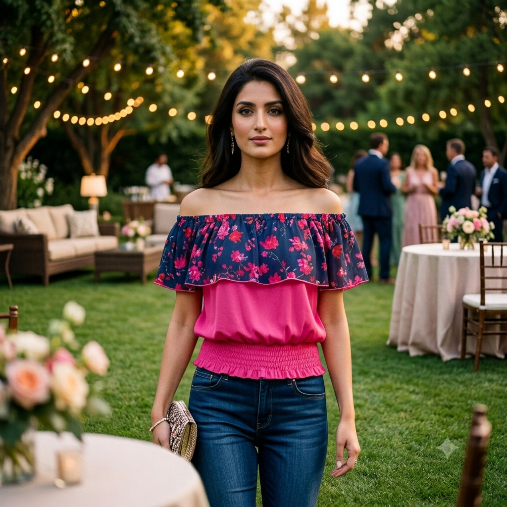 Midnight Bloom Off-the-Shoulder Floral Ruffle Top