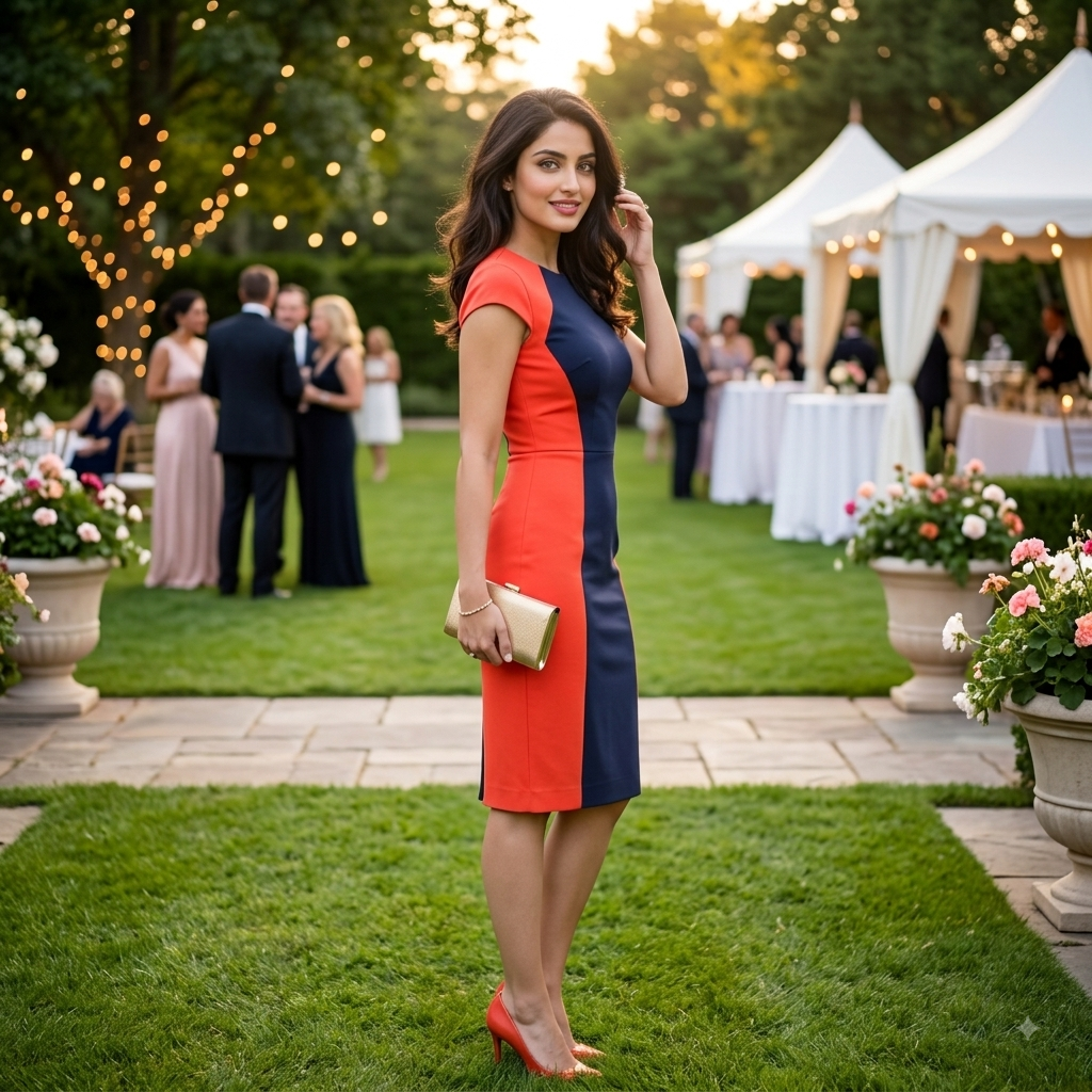 Dual-Tone Colorblock Sheath Dress in Navy & Coral