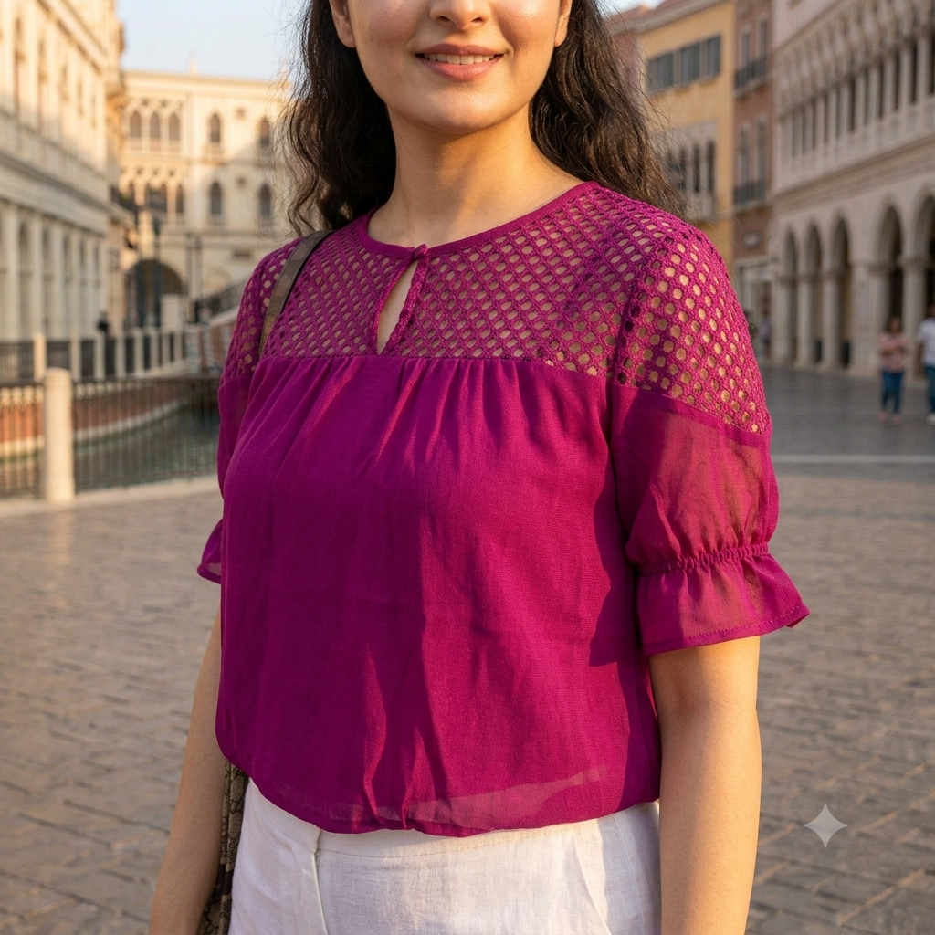 Magenta Geo-Mesh Yoke Short-Sleeve Top