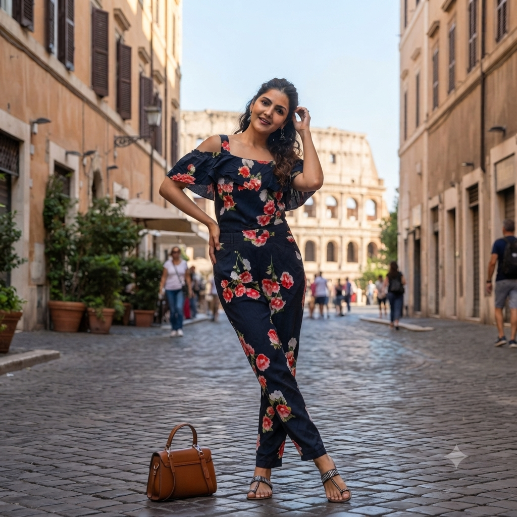 Navy Blue Floral Print Cold-Shoulder Jumpsuit