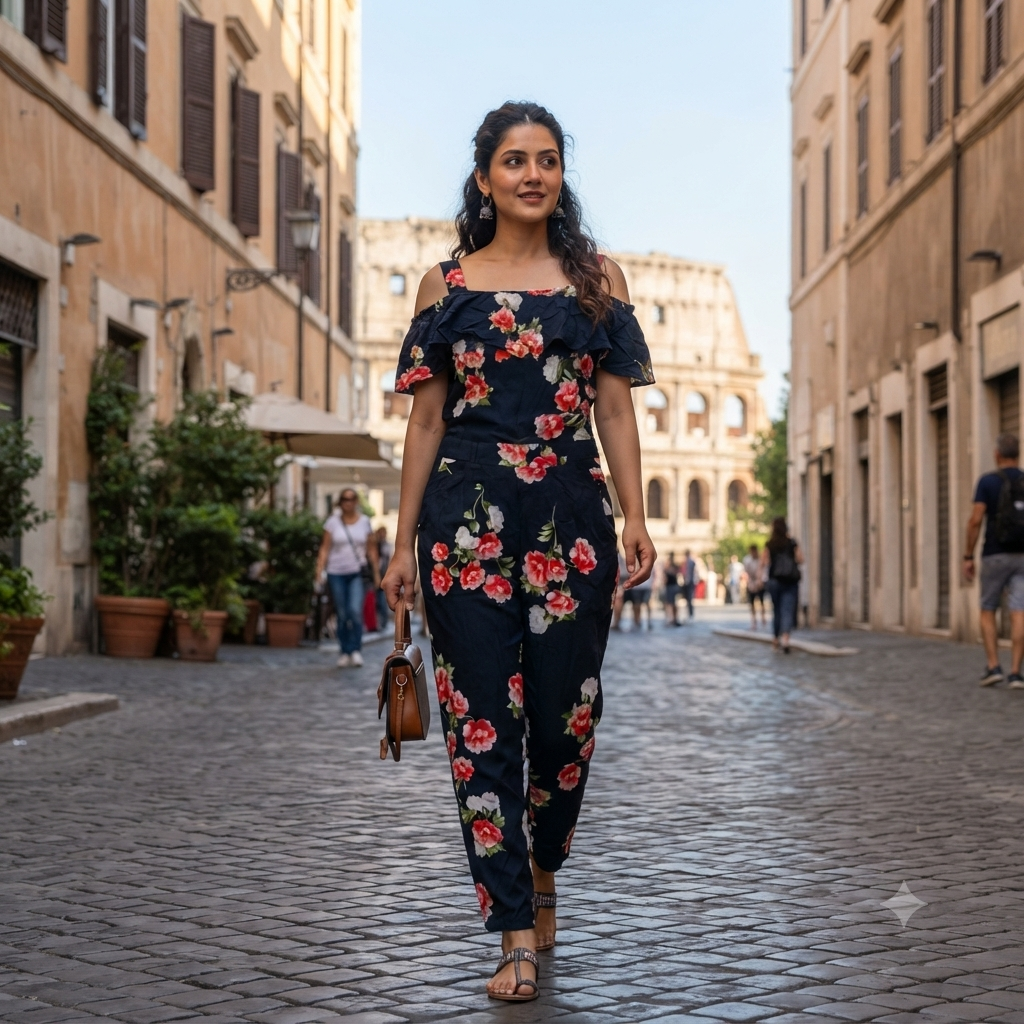 Navy Blue Floral Print Cold-Shoulder Jumpsuit