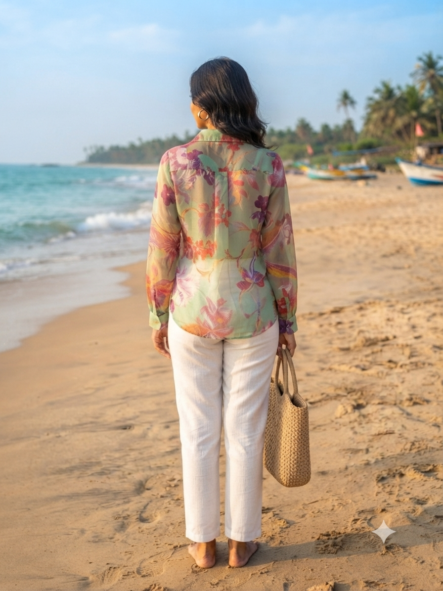 Tropical Blossom Sheer Long-Sleeve Shirt