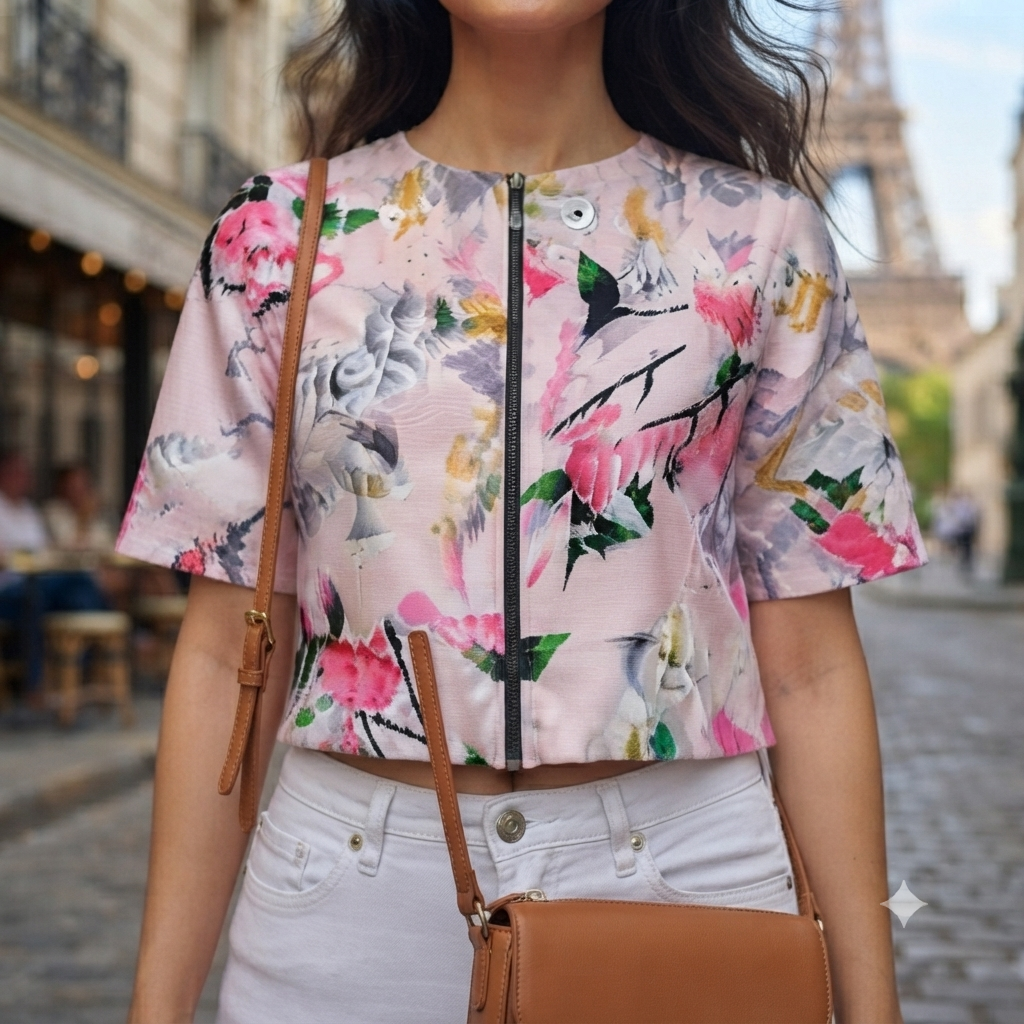 Parisian Blossom Zip-Front Crop Top