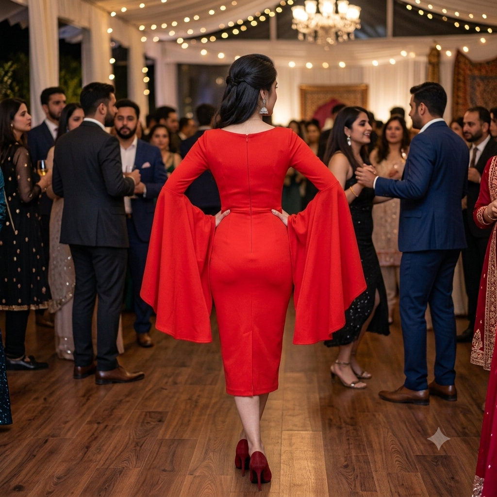 Crimson Bell-Sleeve Bodycon Midi Dress