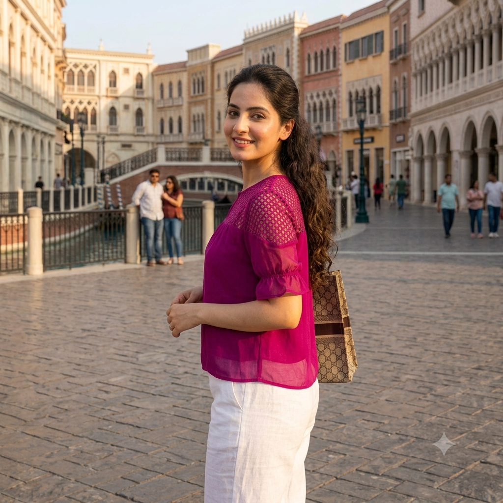 Magenta Geo-Mesh Yoke Short-Sleeve Top