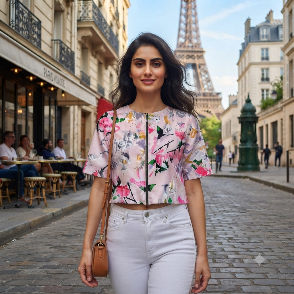 Parisian Blossom Zip-Front Crop Top