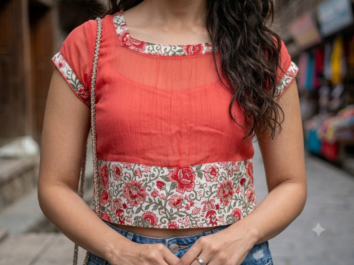 Floral Patchwork Coral Georgette Crop Top
