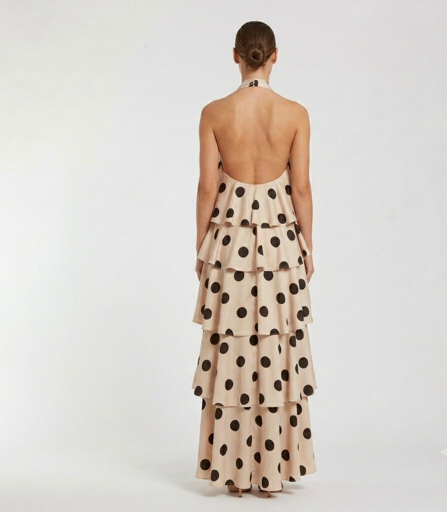Cathy Parisian Polka Halter Tiered Maxi Dress