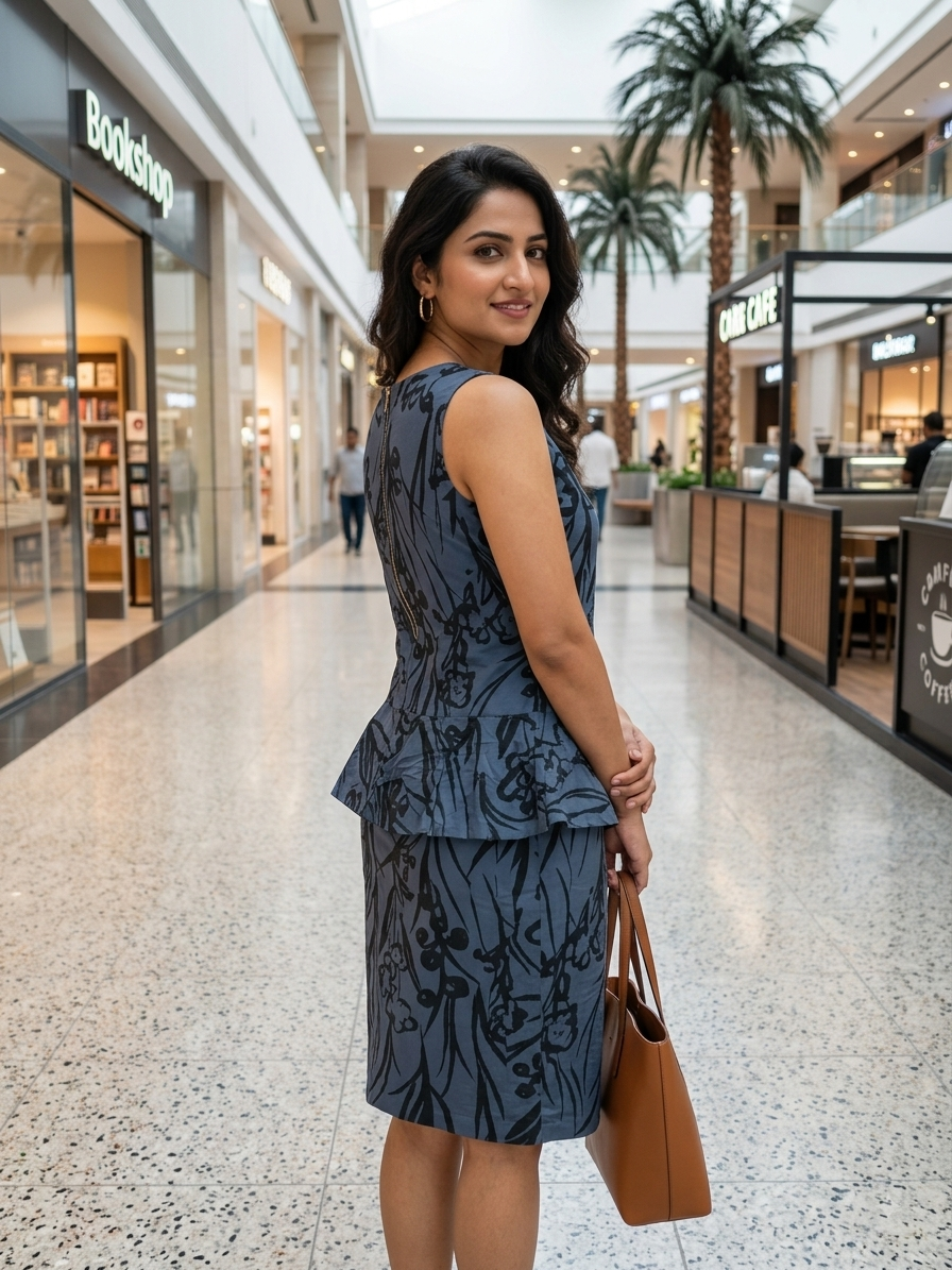 Dusky Blue Botanical Peplum Midi Dress