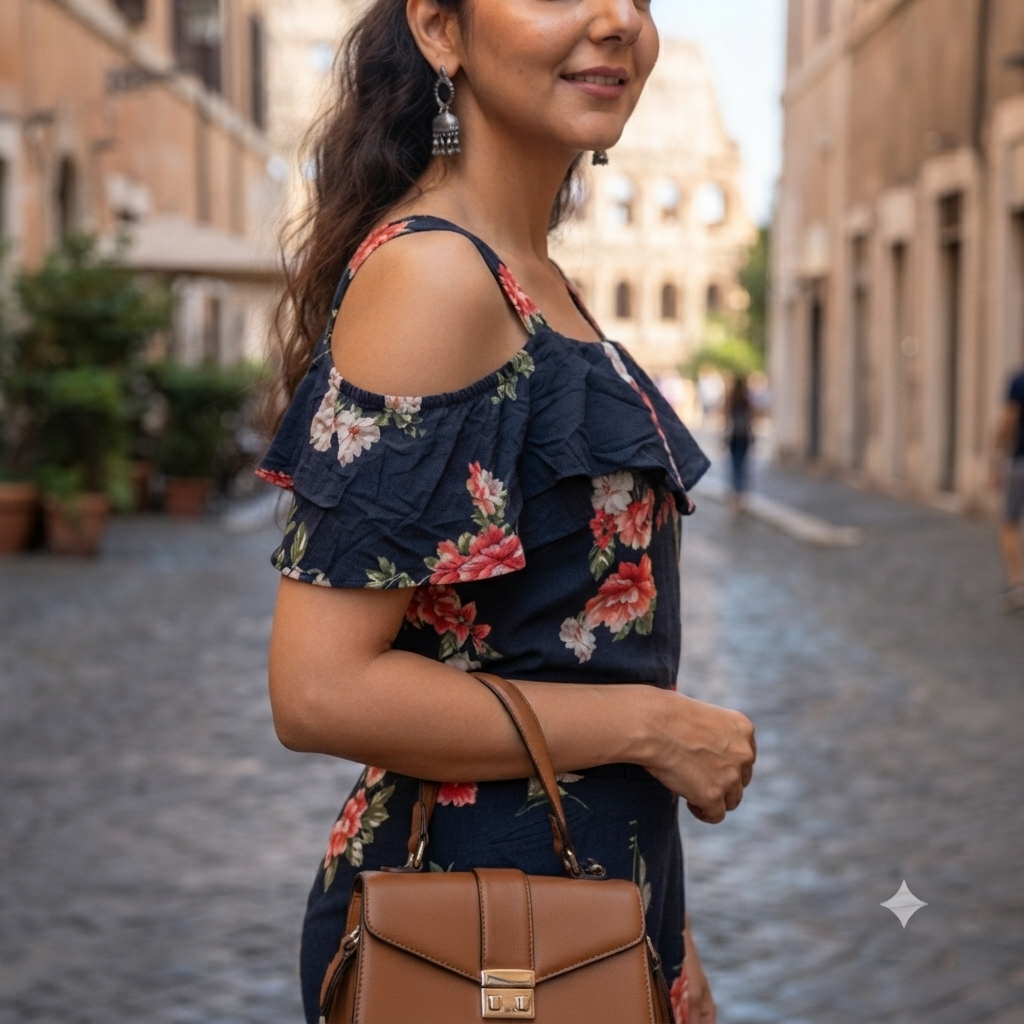 Navy Blue Floral Print Cold-Shoulder Jumpsuit