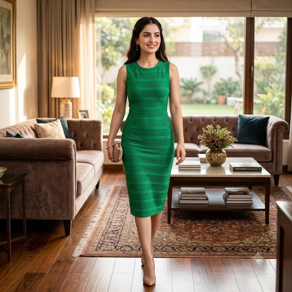 Emerald Horizontal-Textured Bodycon Midi Dress