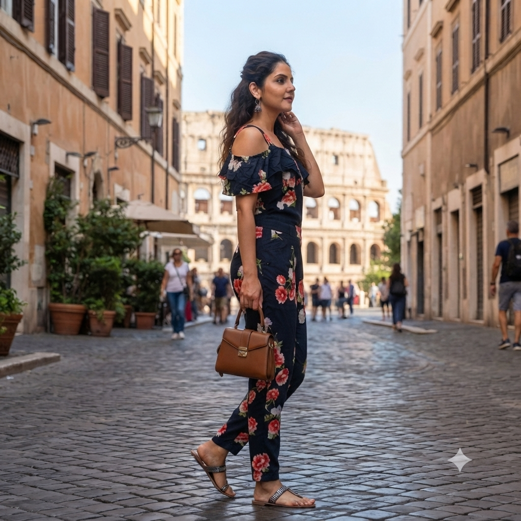 Navy Blue Floral Print Cold-Shoulder Jumpsuit