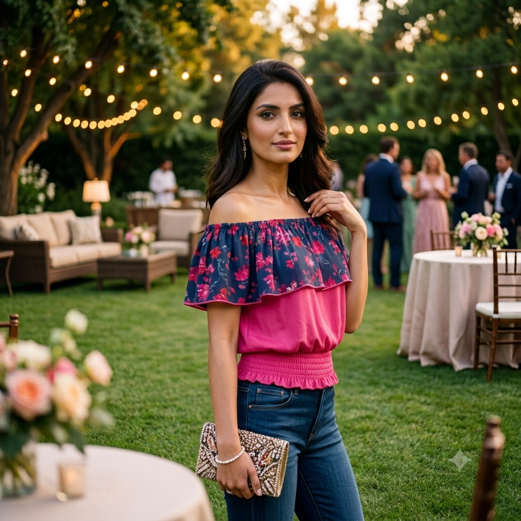 Midnight Bloom Off-the-Shoulder Floral Ruffle Top