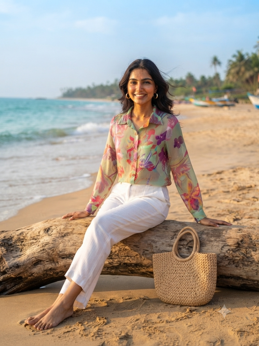 Tropical Blossom Sheer Long-Sleeve Shirt