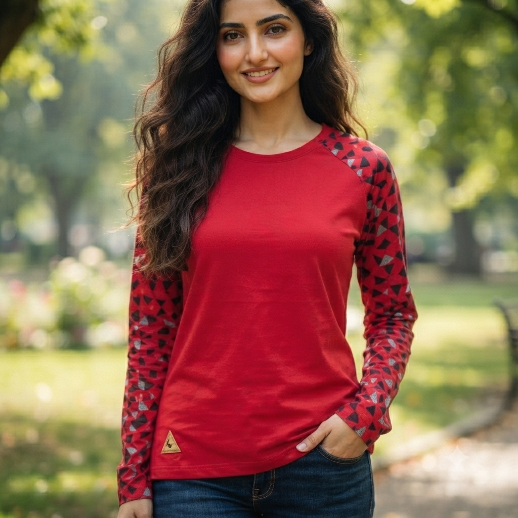 Raglan Geo-Pattern Long Sleeve Top
