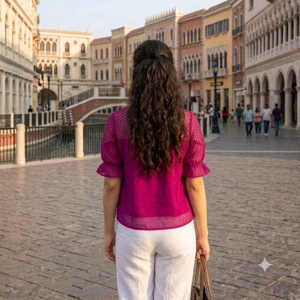 Magenta Geo-Mesh Yoke Short-Sleeve Top