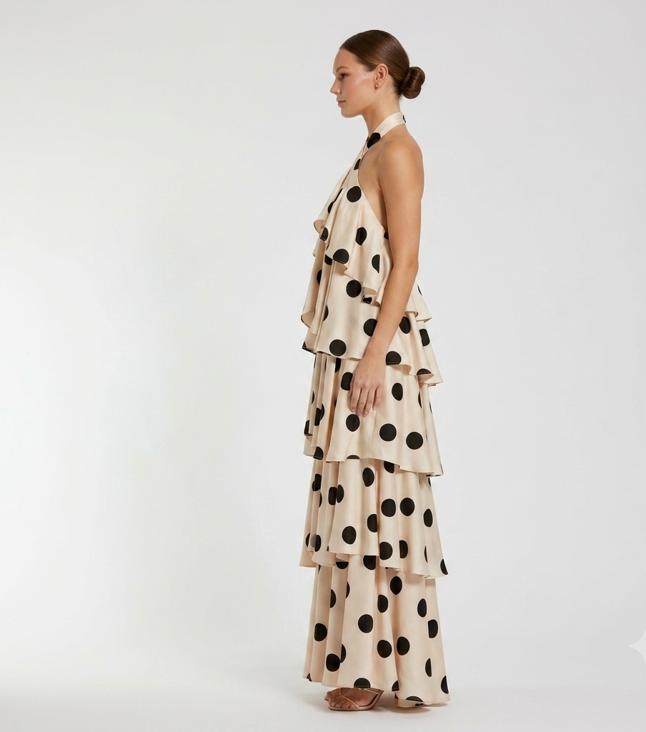 Cathy Parisian Polka Halter Tiered Maxi Dress