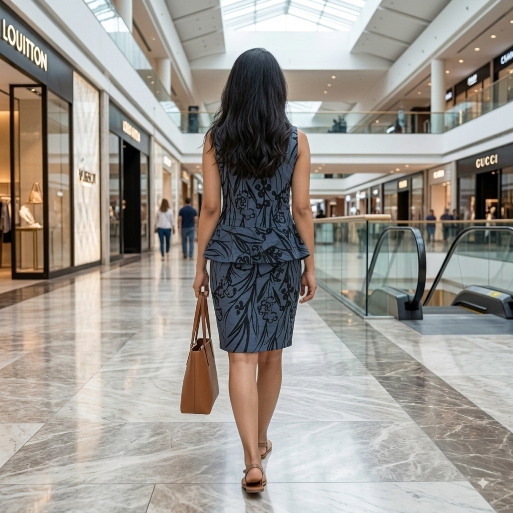 Dusky Blue Botanical Peplum Midi Dress