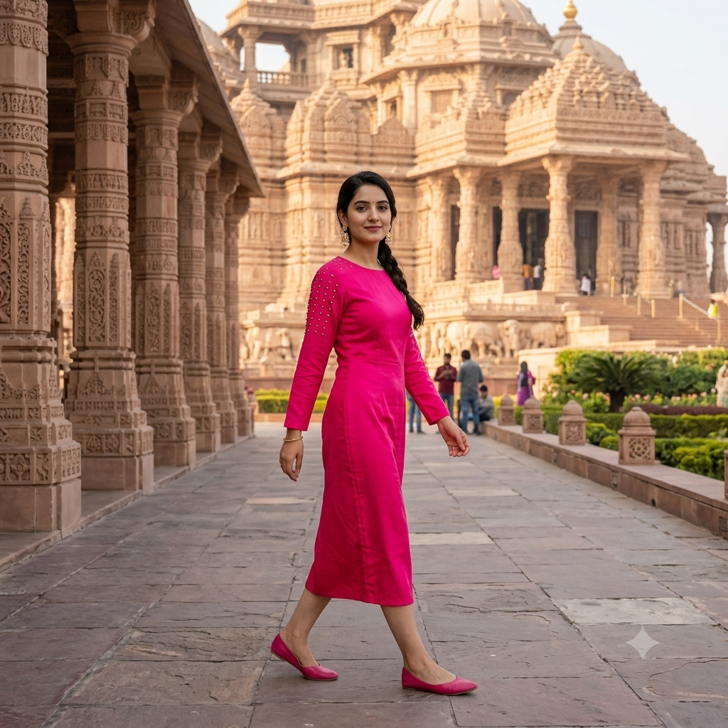 Fuchsia Pink Studded Shoulder A-Line Kurti Dress