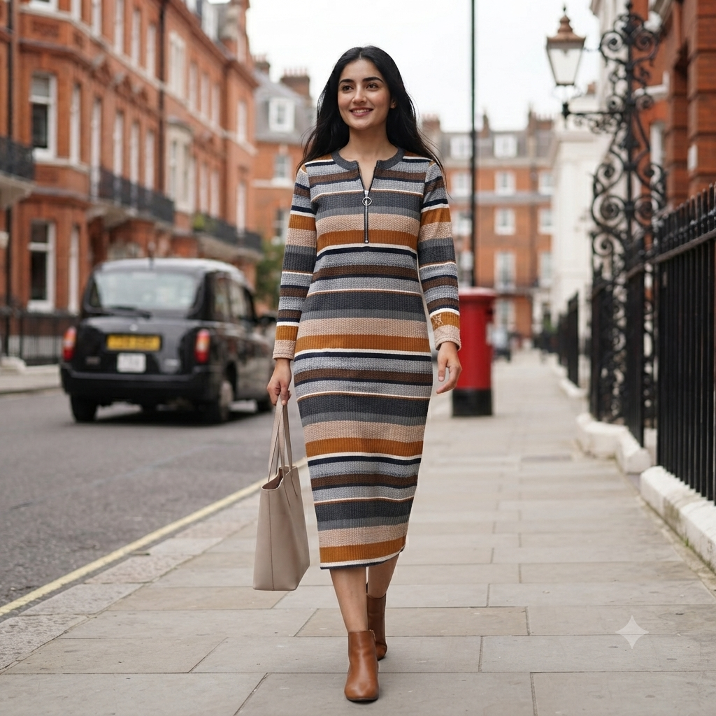 Chic Multi-Stripe Quarter-Zip Midi Dress