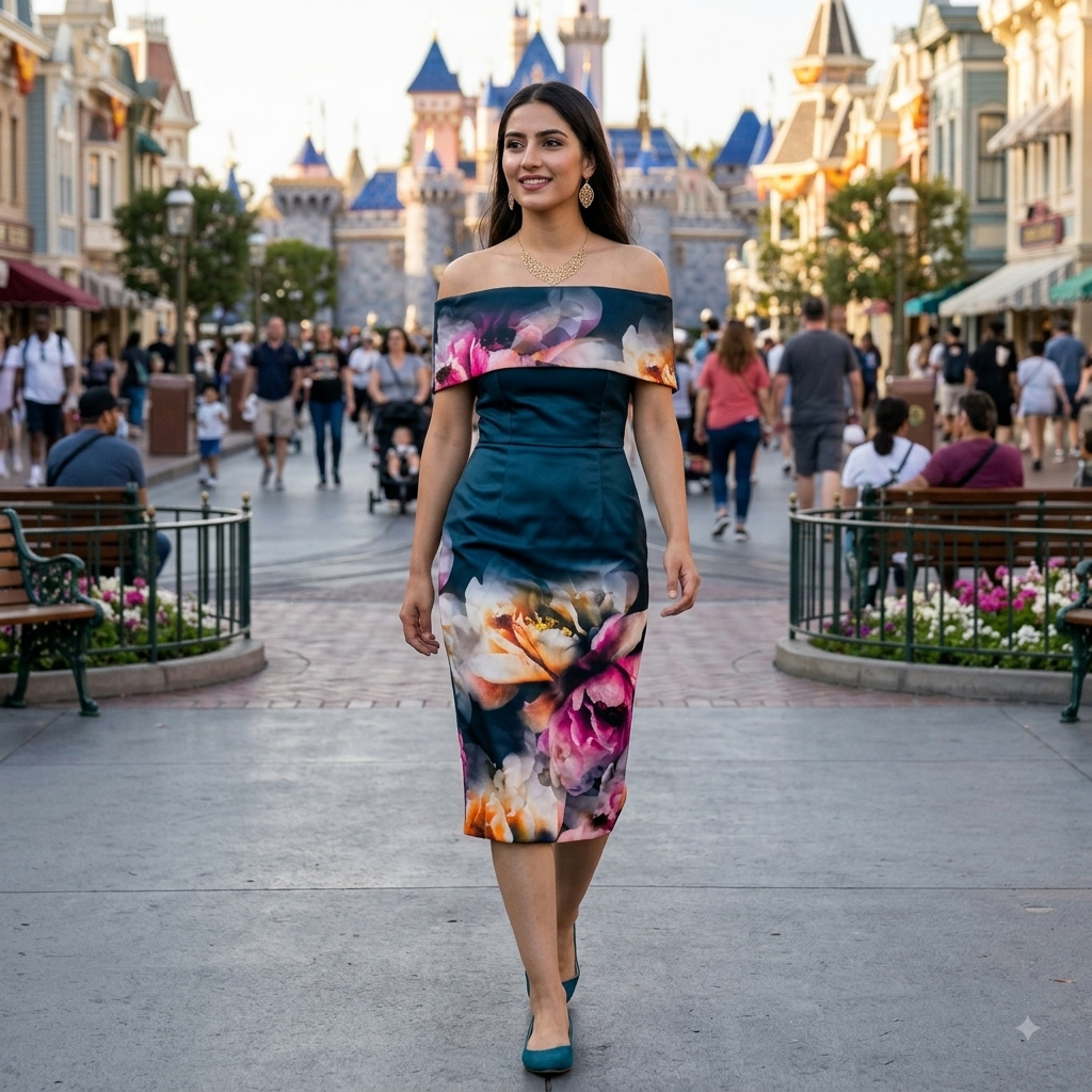 Midnight Bloom Off-Shoulder Midi Dress