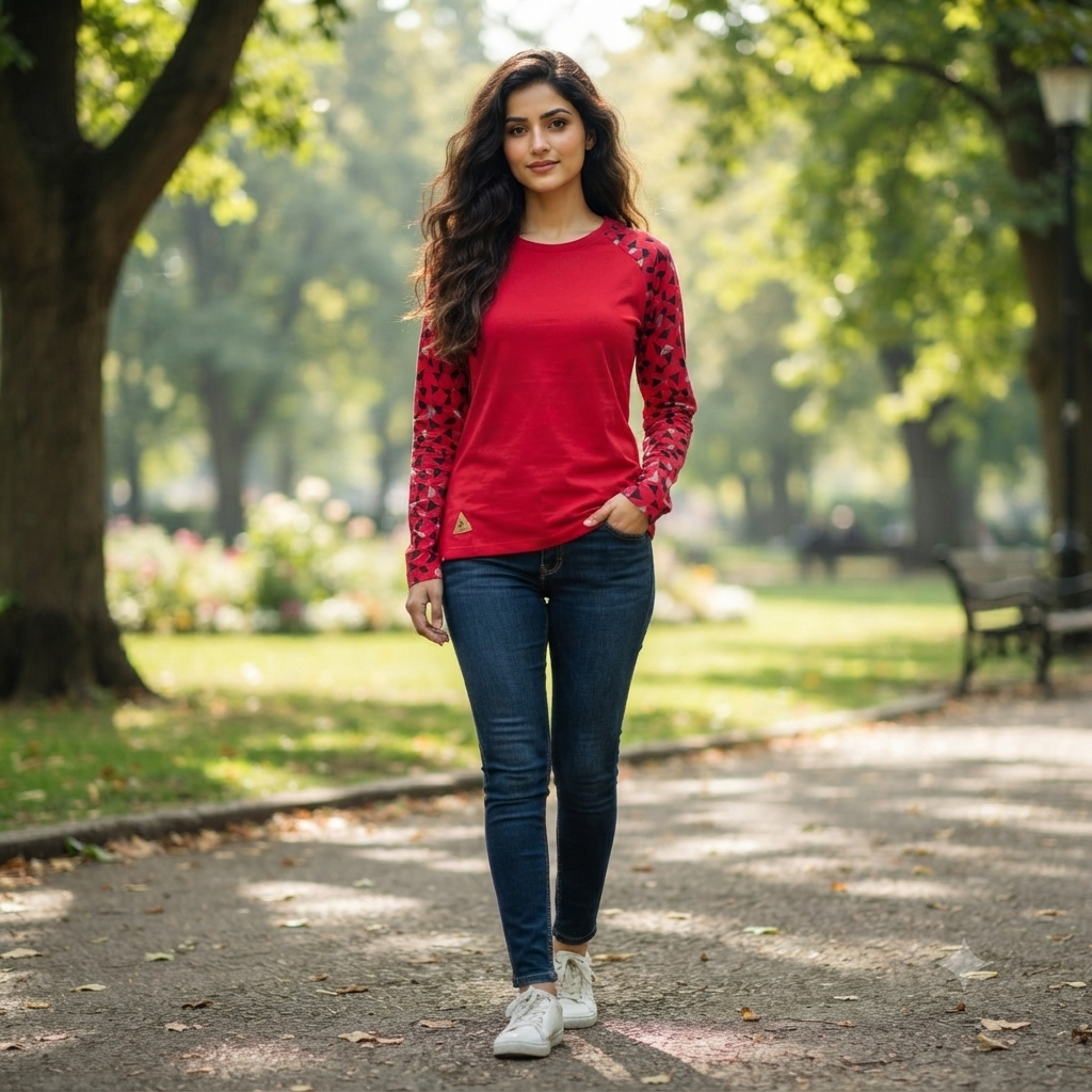 Raglan Geo-Pattern Long Sleeve Top