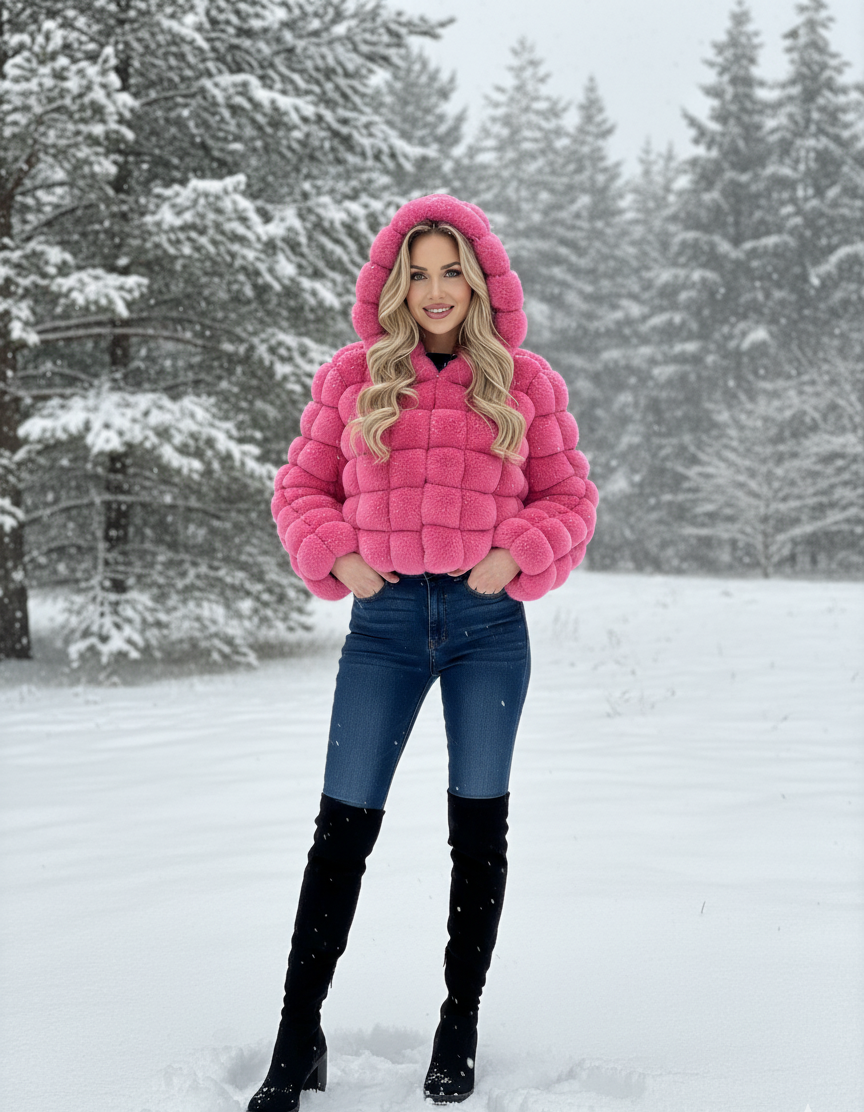 Women's Autumn And Winter Long Sleeve Warm Crop Puffer Jacket With Hoodie