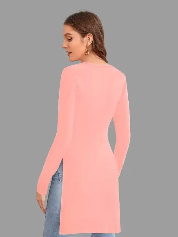 Women Solid Round Neck Polyester Pink T-Shirt