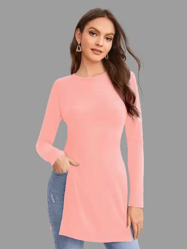 Women Solid Round Neck Polyester Pink T-Shirt