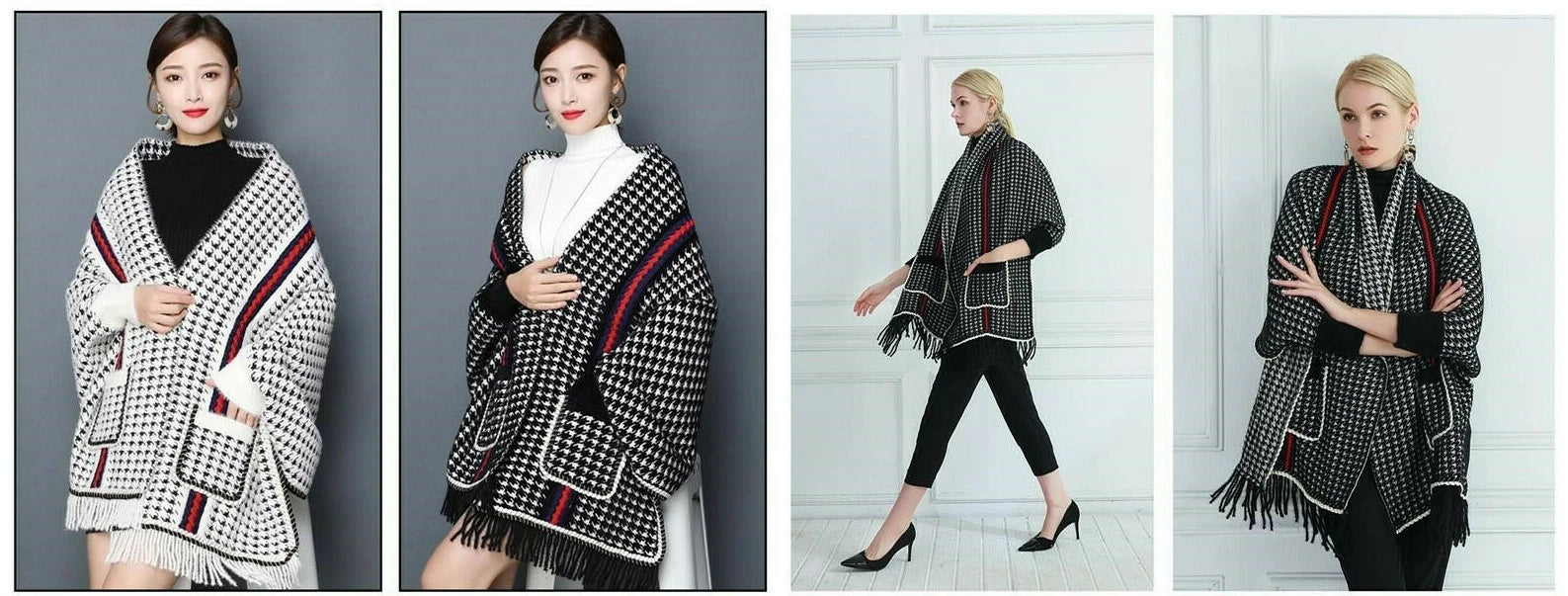 James Checkers Striped Shawl Poncho with Arm Holes And Pocket