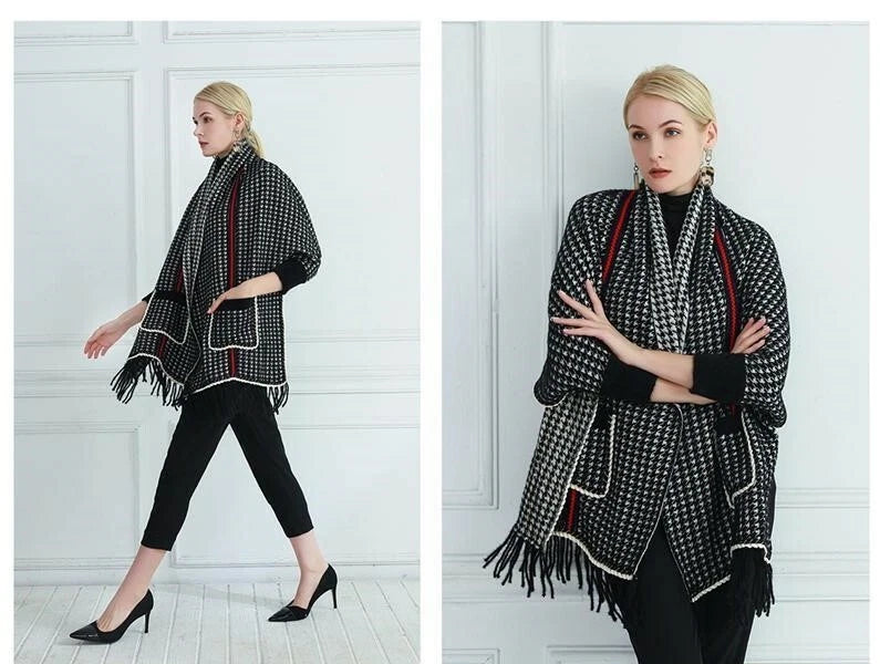 James Checkers Striped Shawl Poncho with Arm Holes And Pocket
