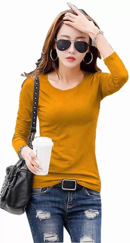 Women Solid Round Neck Cotton Blend Yellow T-Shirt Price