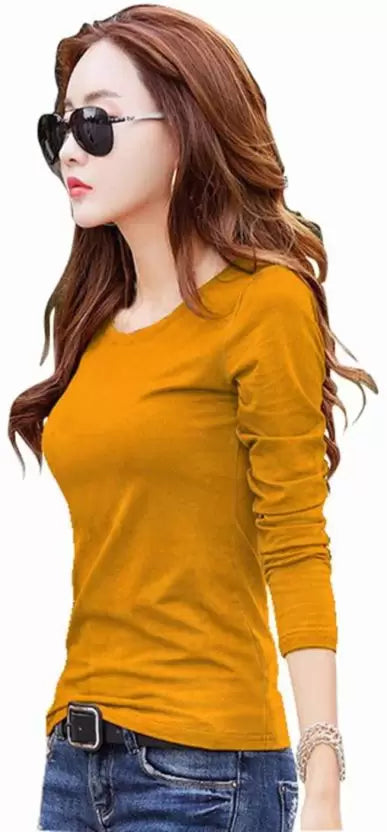 Women Solid Round Neck Cotton Blend Yellow T-Shirt Price