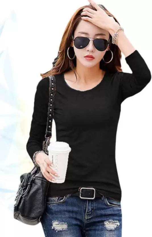 Women Solid Round Neck Elastane Black T-Shirt