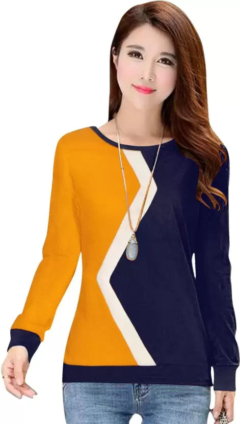 Women Tshirt Women Colorblock Round Neck Polyester Blue, Yellow T-Shirt