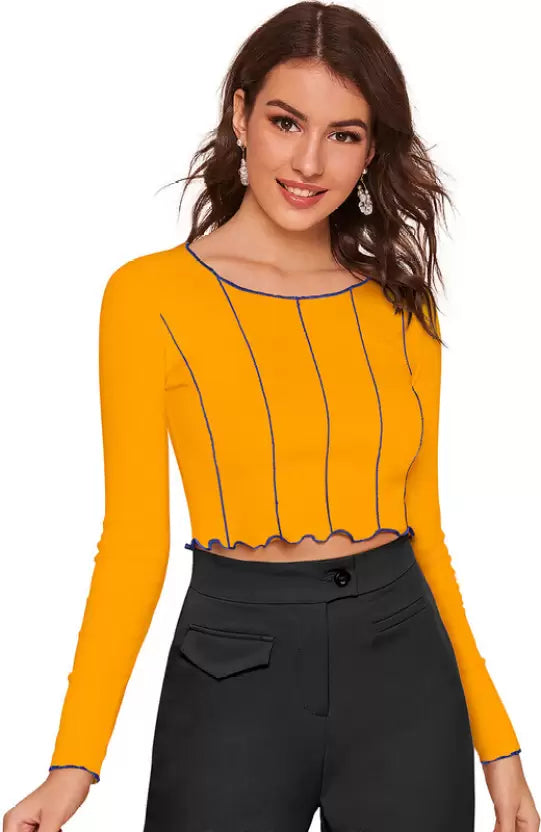 Casual Regular Sleeves Solid Women Yellow Top