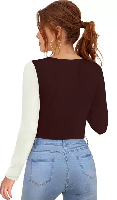 Casual Regular Sleeves Color Block Women Brown Top