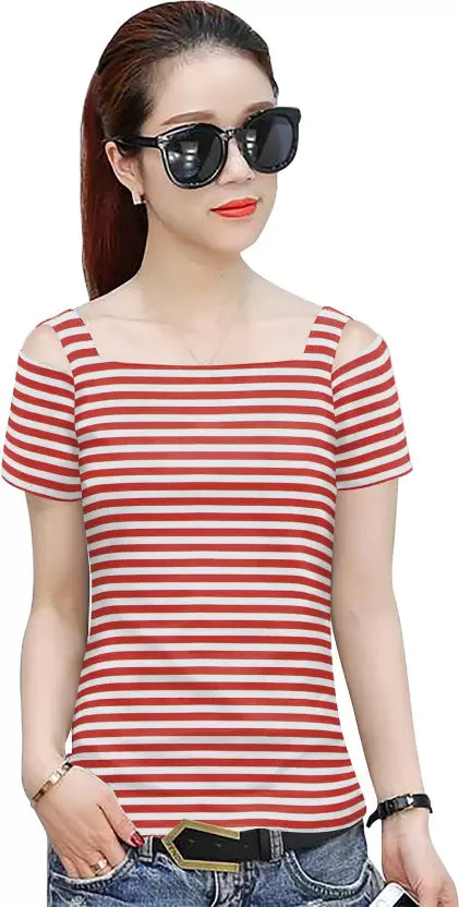 Casual Cold Shoulder Sleeves Striped Women Red Top