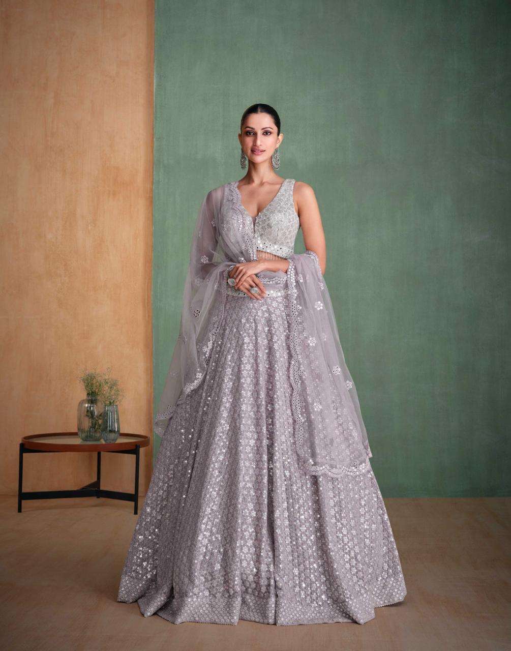 Grey Embroidered Lehenga Choli In Georgette