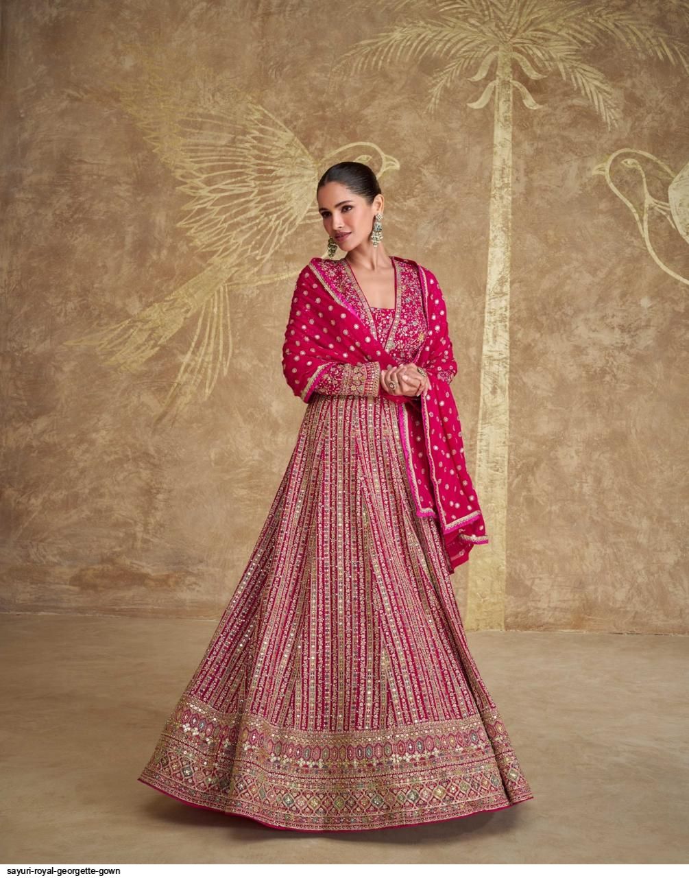 Hot Pink Georgette Embroidered Anarkali Dress with Dupatta