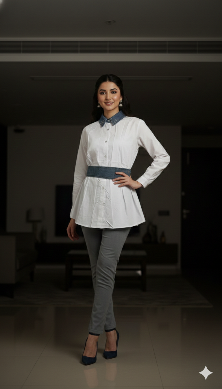 Sylas Women  Spread Rhinestone Collar Shirt With Denim Belt