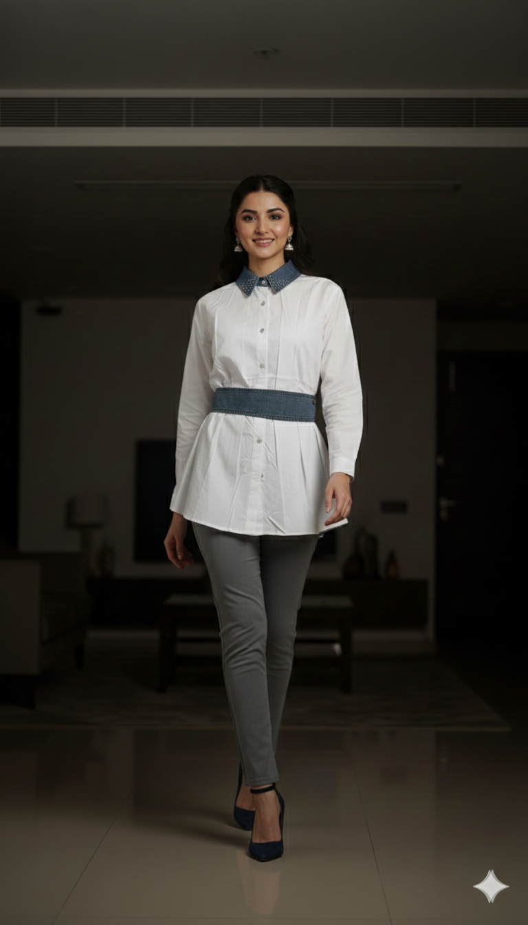 Sylas Women  Spread Rhinestone Collar Shirt With Denim Belt