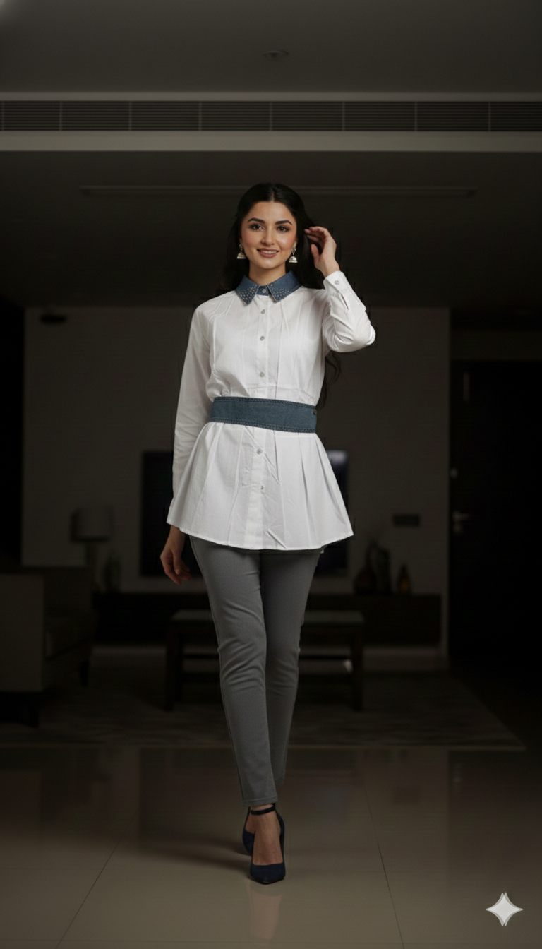 Sylas Women  Spread Rhinestone Collar Shirt With Denim Belt