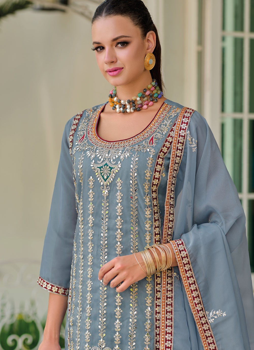 Embroidered, Mirror and Sequins Work Shimmer Salwar Suit