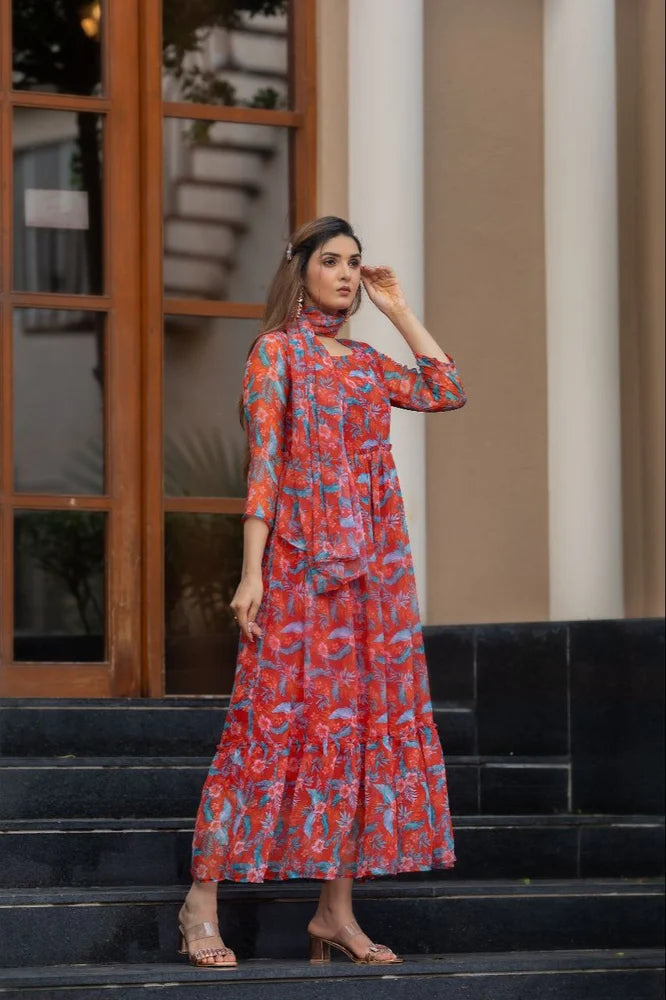 Faded Red Flower Maxi Gown