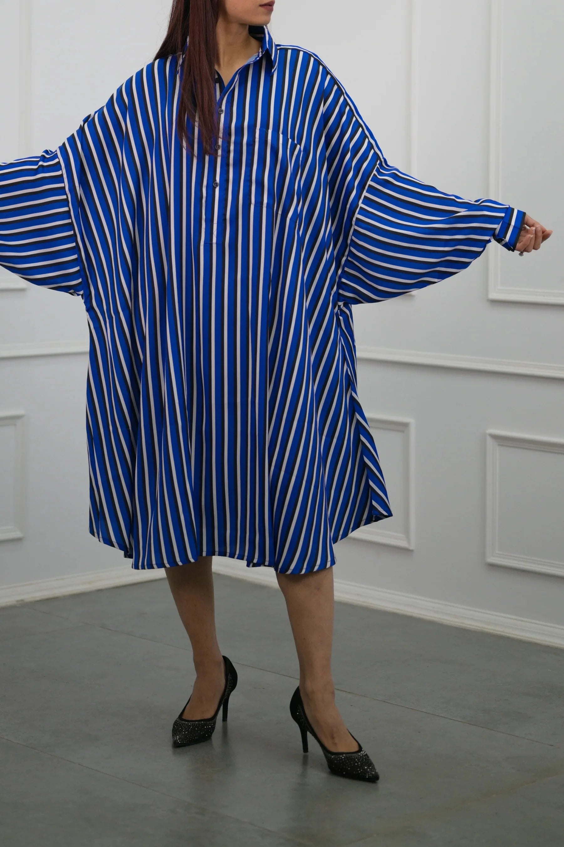 Blue Stripes Bliss: Shirt Dress with Kimono Sleeves