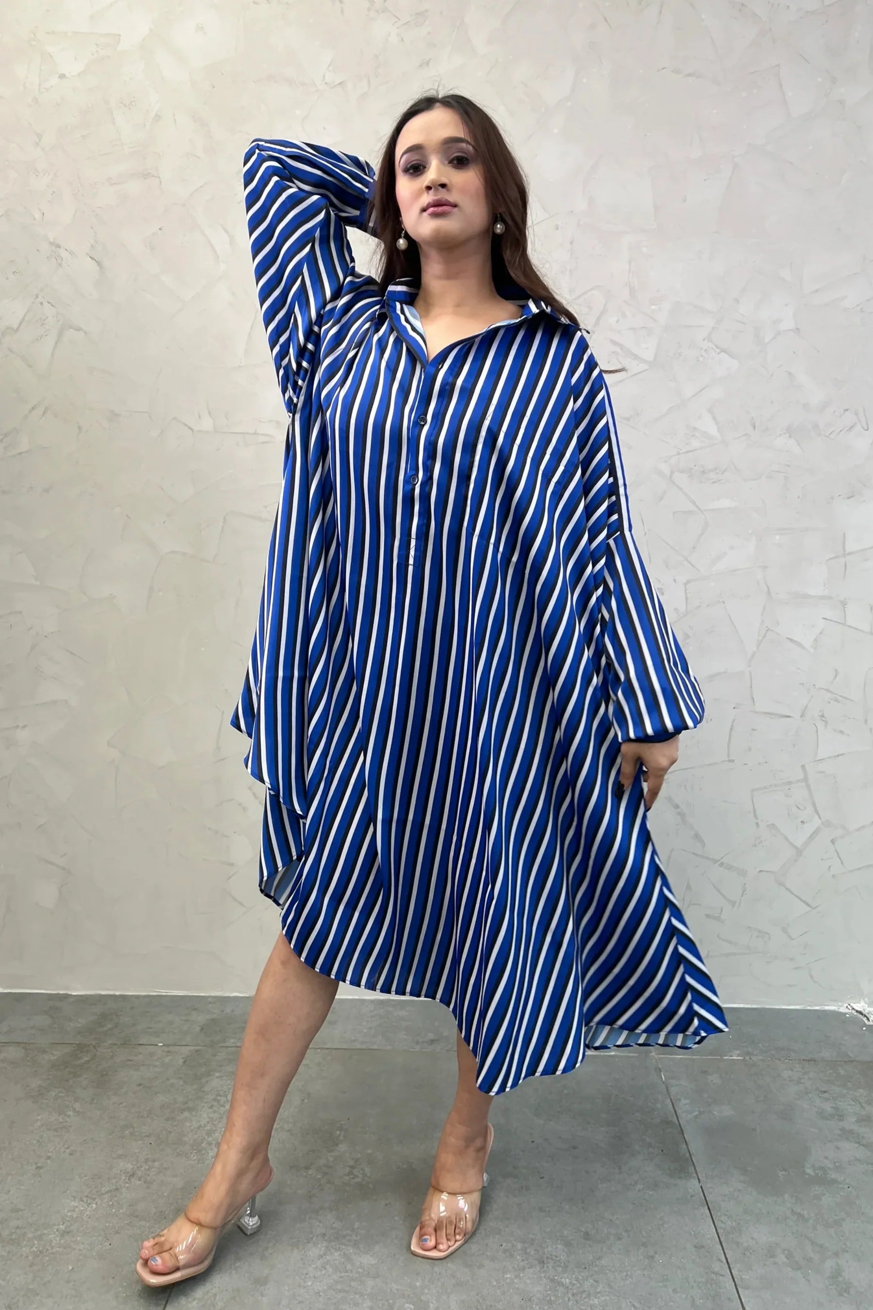 Blue Stripes Bliss: Shirt Dress with Kimono Sleeves