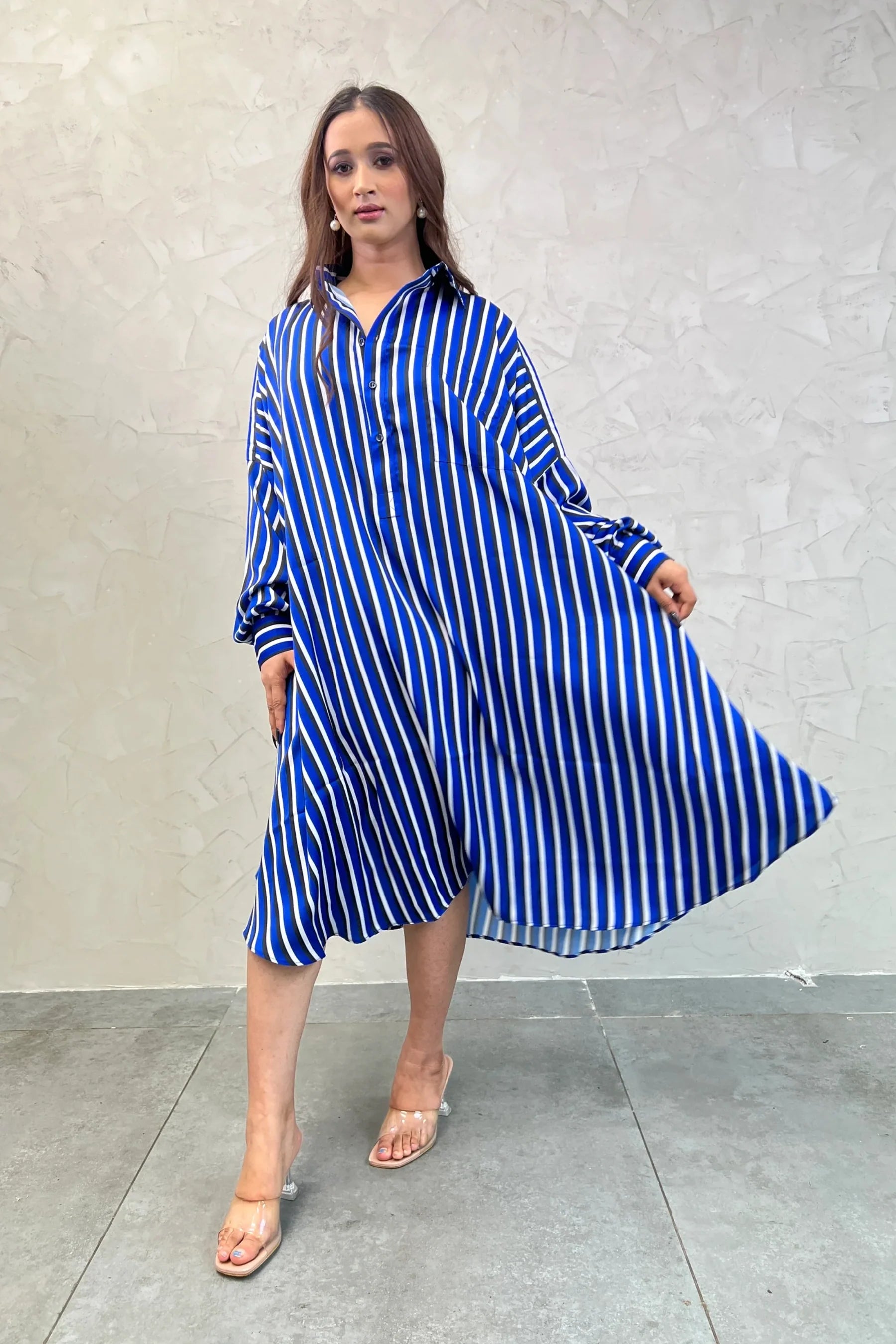 Blue Stripes Bliss: Shirt Dress with Kimono Sleeves